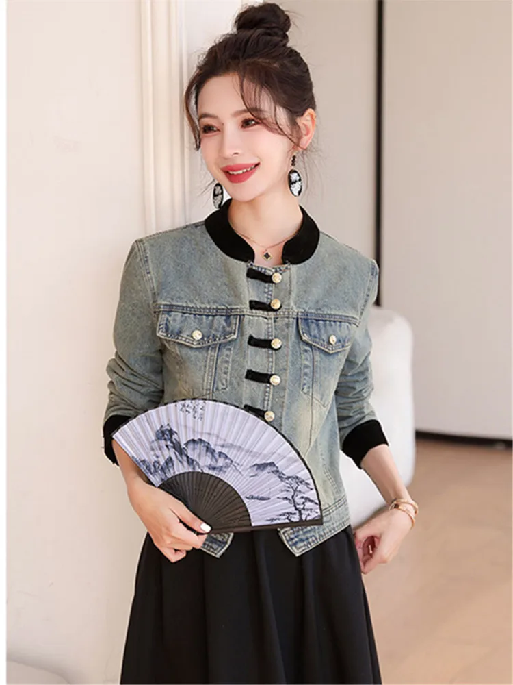 2024 Spring Autumn New Chinese Style Denim Jacket Women Clothes Streetwear Loose Single-breasted Short Cowboy Outwear Female