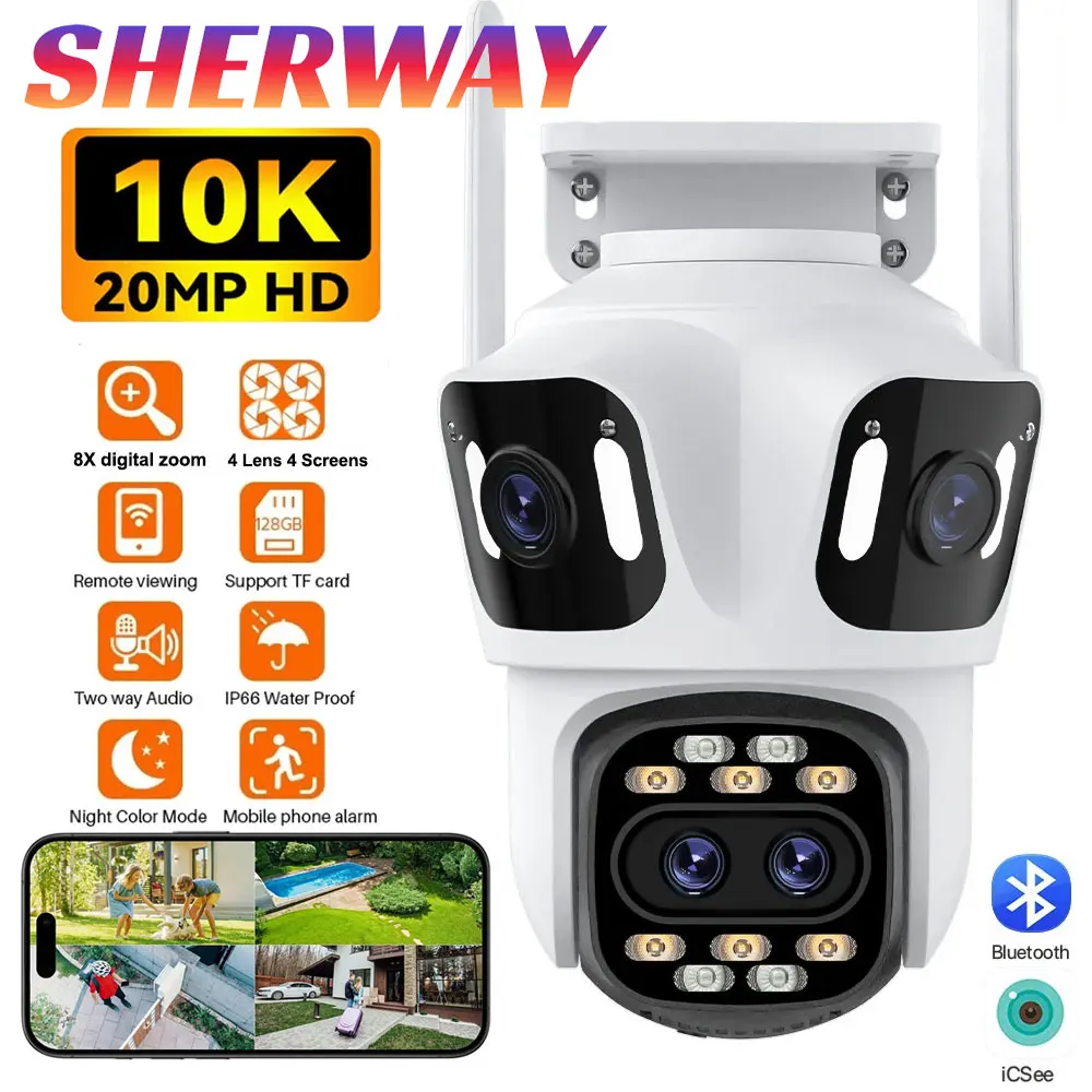 Four Lens PTZ IP Camera Outdoor 8X Zoom Outdoor Three Screen WiFi Security Surveillance Camera Wireless CCTV Dual Lens Cam ICsee