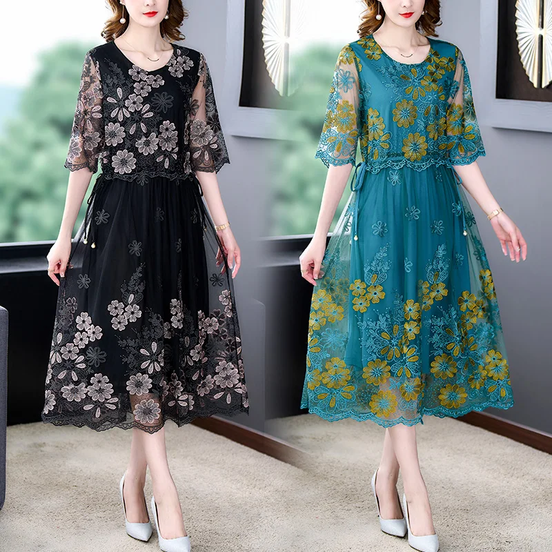 

ZUO MAN RU 2022 Summer Dress Mother Heavy Embroidered Flower High-End Dress Female Spring High-End Imitation Silk Floral Dress