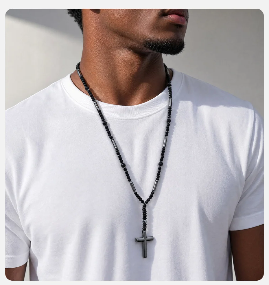 Vnox Hämatit-Kreuz-Anhänger-Halskette für Männer, Schwarze Onyx-Perlenkette, Langer Männerschmuck, Punk-Street-Style Geschenk – Detail 2