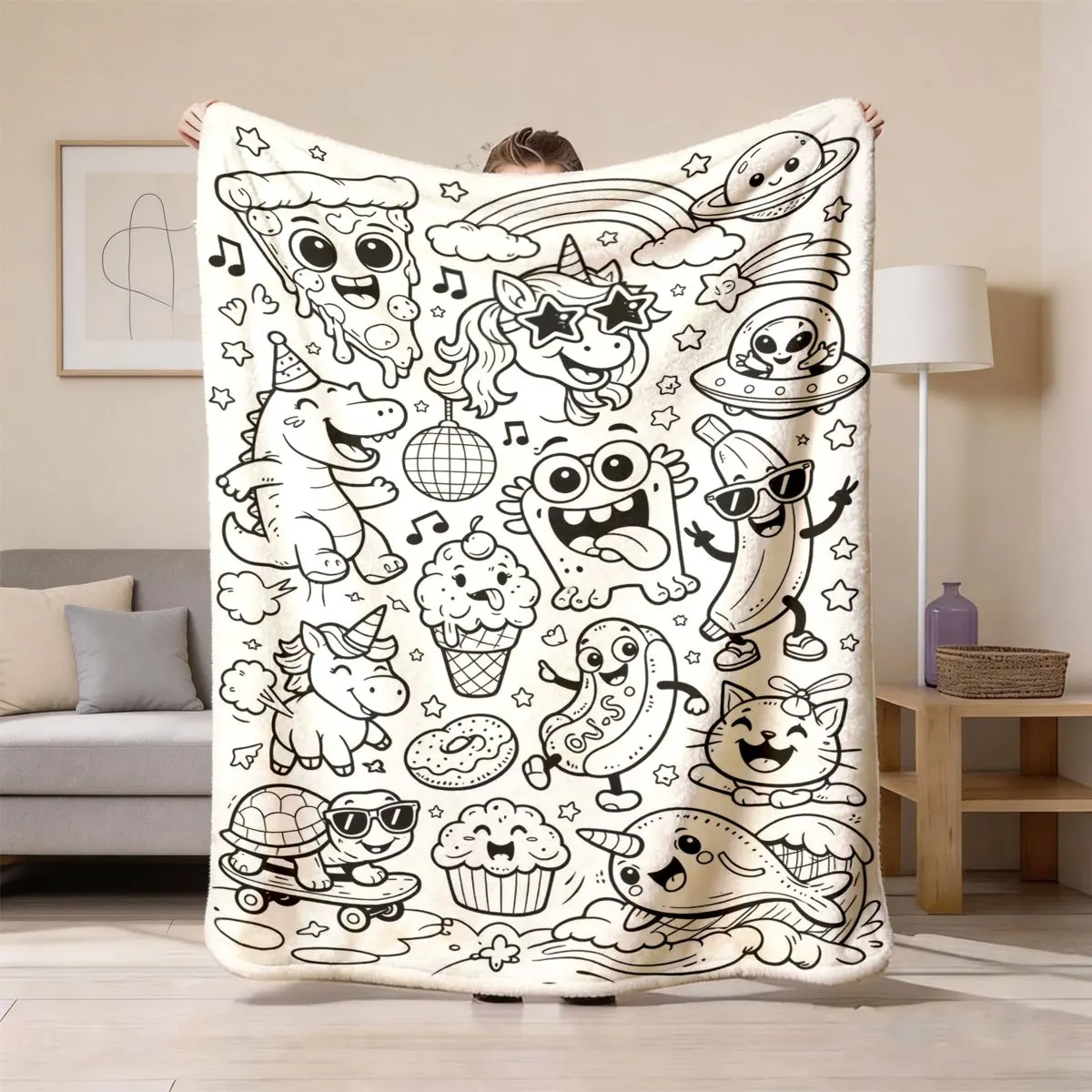 Cartoon Doodle Throw  Cute Pizza Unicorn Alien Ice Cream Line Art Print  Cover for Sofa Couch Bedroom Fun Home Decor Accessory