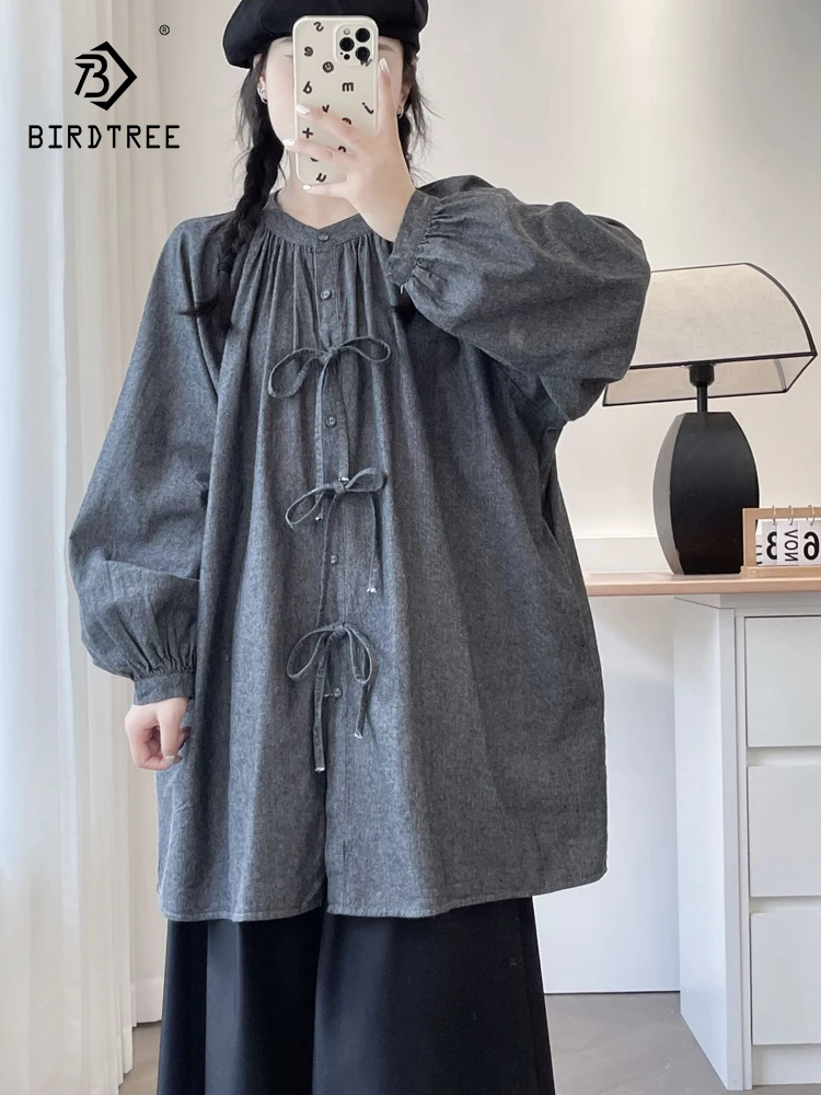 

New Summer Cotton Lantern Sleeve Shirt, Women O Neck Lace-up Top, Mori Girl Casual Loose Vintage Blouse, 2024 Autumn T48346QC