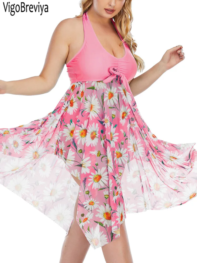 VigoBreviya 2025 Print 2-częściowy zestaw tankini Plus Size Kobiety Siatka Patchwork Curvy Strój kąpielowy Wysoka talia Plaża Lady Duży kostium