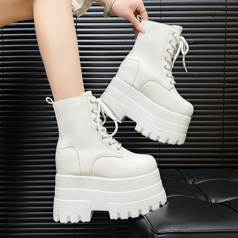 New Height Increasing Women's High Boots Black Leather Thick Bottom Platform Shoes Side Zip Gothic Punk Short Boots Street Style