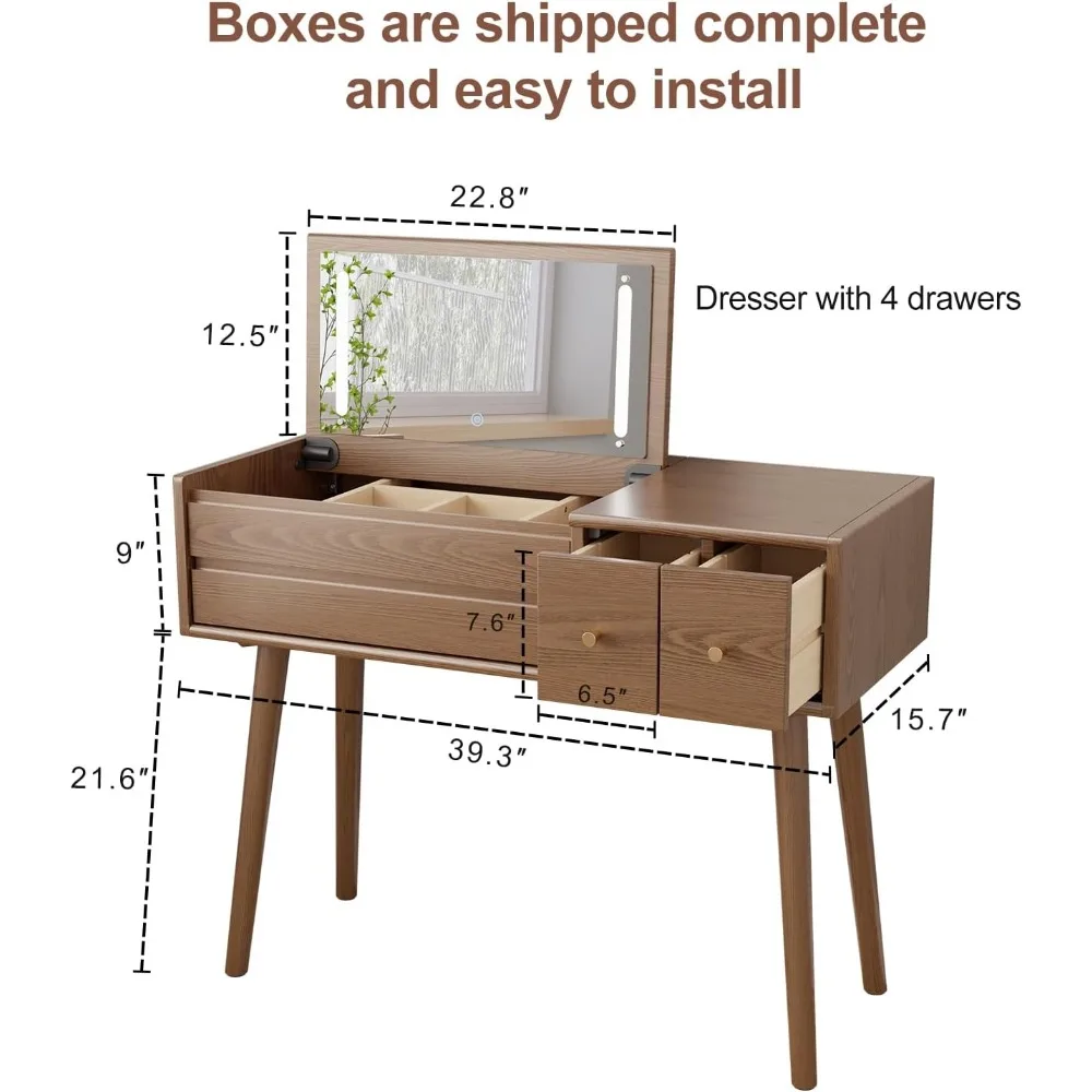 مكتب زينة خشبي مع مرآة وأضواء، مجموعة منضدة الزينة مكونة من 4 أدراج، علامة تبويب مكياج كبيرة مقاس 40 بوصة