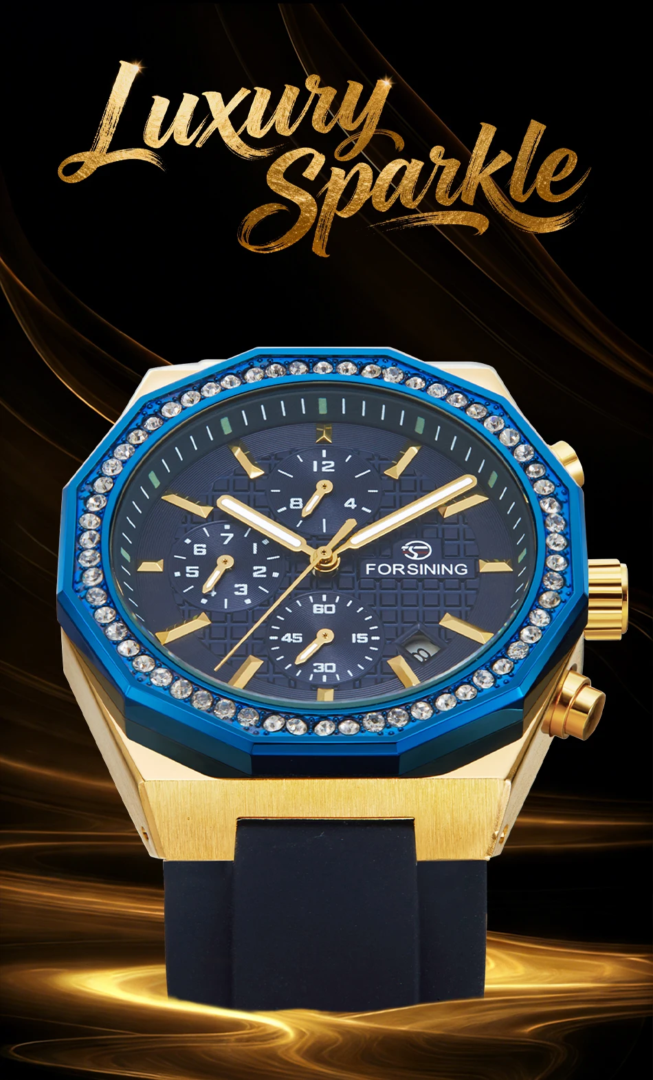 FORSINING Polygon Multi Function Clock Mens Watches Automatic Mechanical Luminous Diamond Bezel Calendar Waterproof Sports Watch