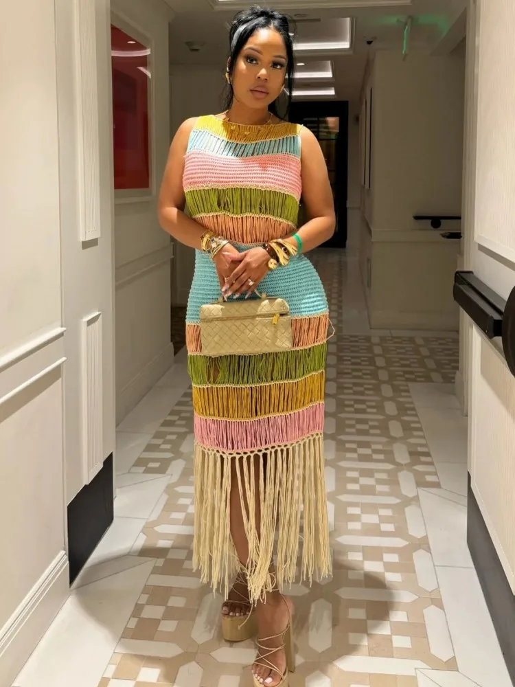 

Elegant African Dresses For Women 2025 New Africa Clothing Knitted Tassel Turkey Wedding Party Long Dress Dashiki Ankara Outfit