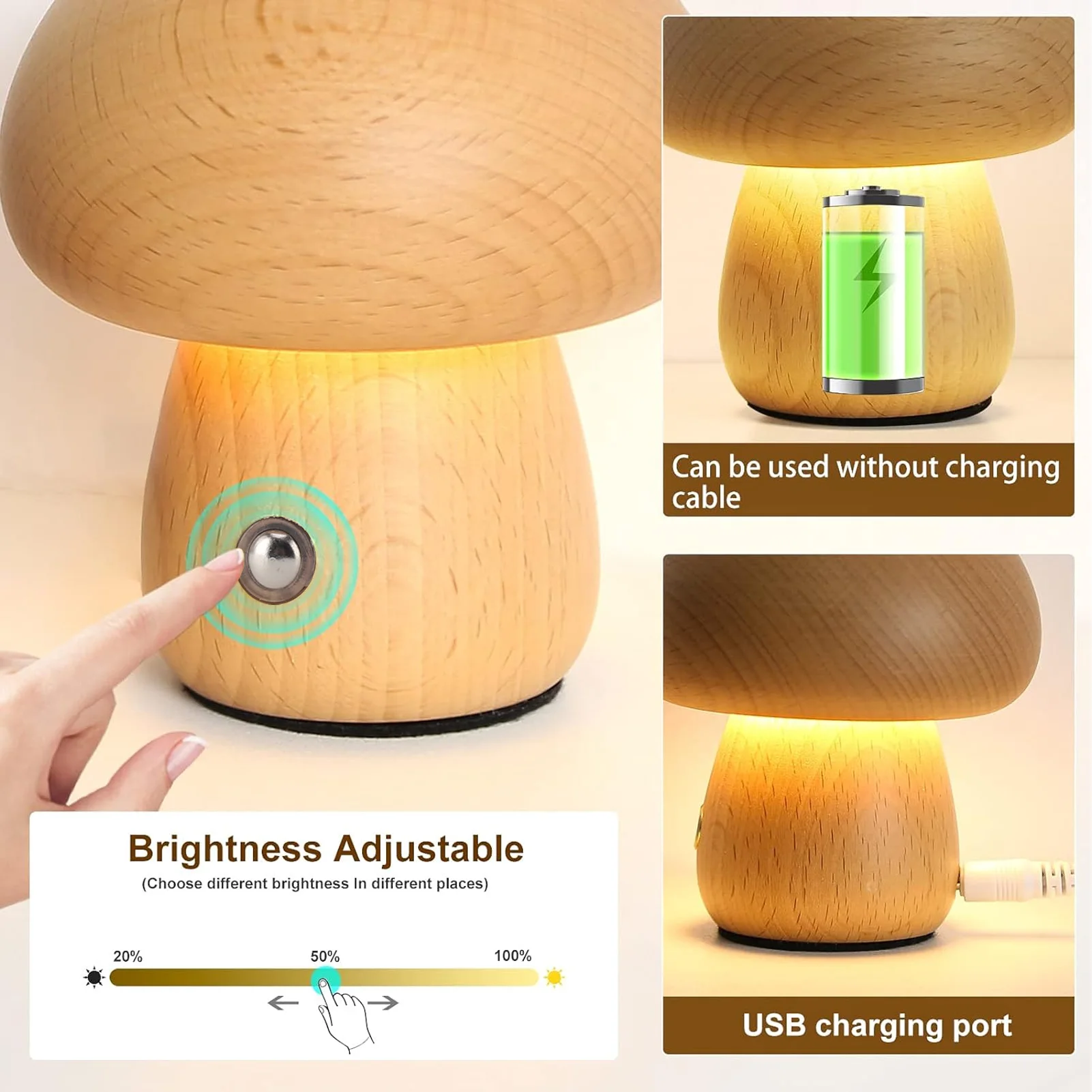 Wood Mushroom Lamp DC Charging Cordless Bedside Touch Night Lights Portable Dimmable Table Light for Bedroom Nightstand Decor