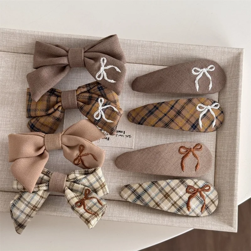 Milk coffee color plaid embroidered bow hairpin sweet and cute BB clip versatile texture side clip hair accessories