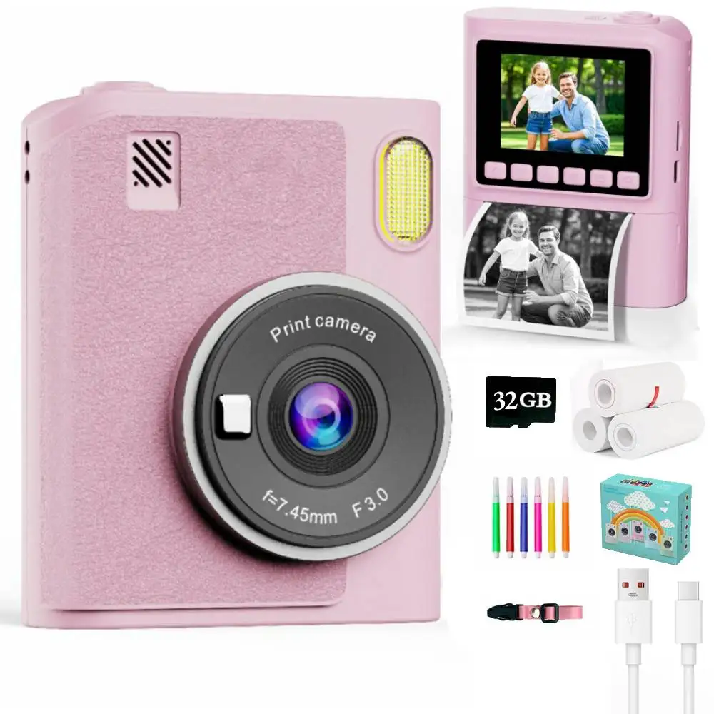 

Детская камера с мгновенной печатью, HD-видеорегистратор 1080P, цифровая камера с 8-кратным зумом для девочек и мальчиков, лучший подарок на день рождения, Рождество, карта 32 ГБ