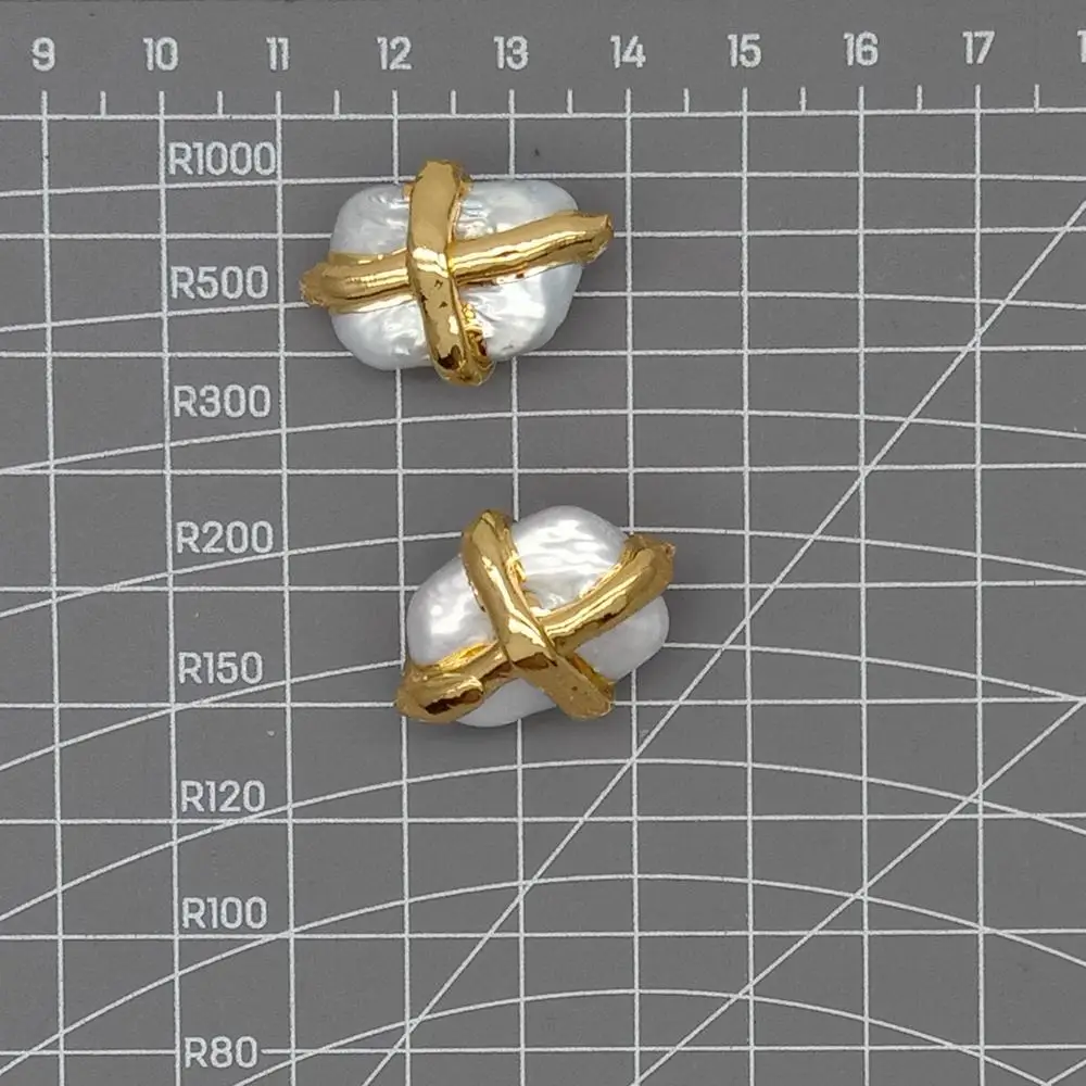 10 Pcs 19x28mm Cultured White Pearl Rectangle Shape Connector Beads Gold Plated Cross For Jewelry Making DIY