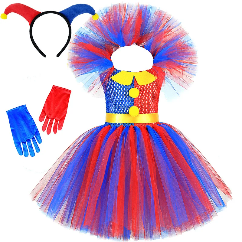Blue Red Clown Circus Pomni Costumes for Girl Kids Tutu Dress Clothes Halloween Clown Costumes Girl Fancy Party Princess Dresses