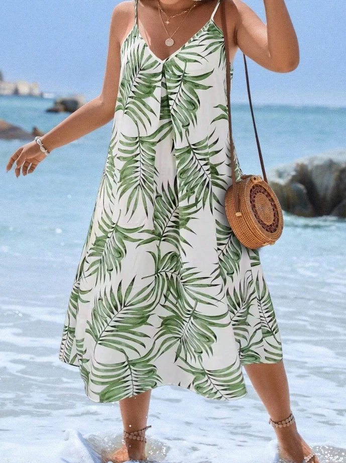 

Women's Dress 2024 Summer Vacation Beach Casual Leaf Print V-neck Spaghetti Strap Sleeveless High Waist Loose A-line Midi Dress