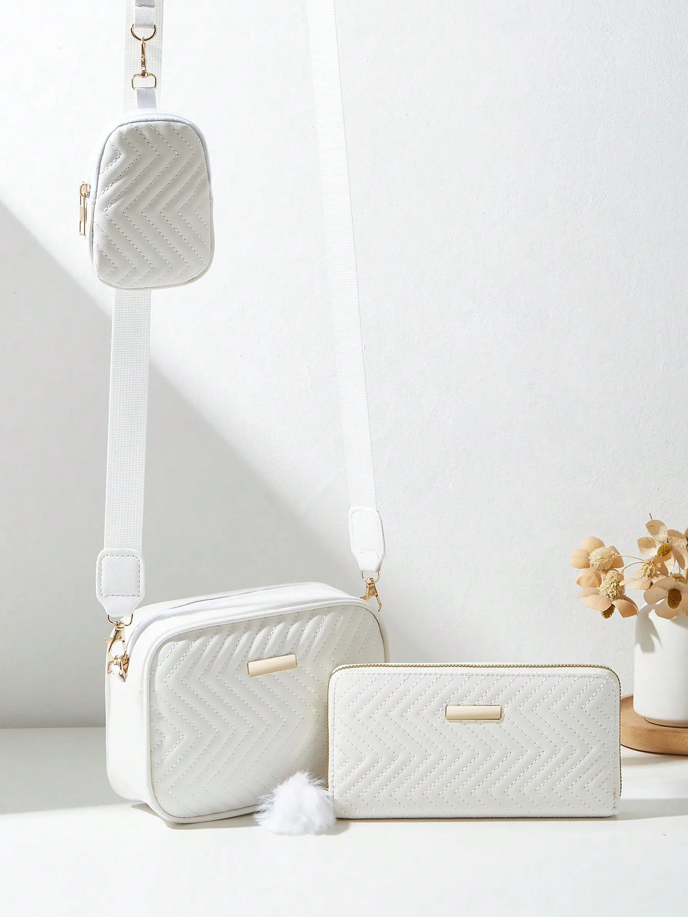 

3-Piece White Quilted Bag Set: Crossbody, Pouch & Wallet with Chevron Stitching