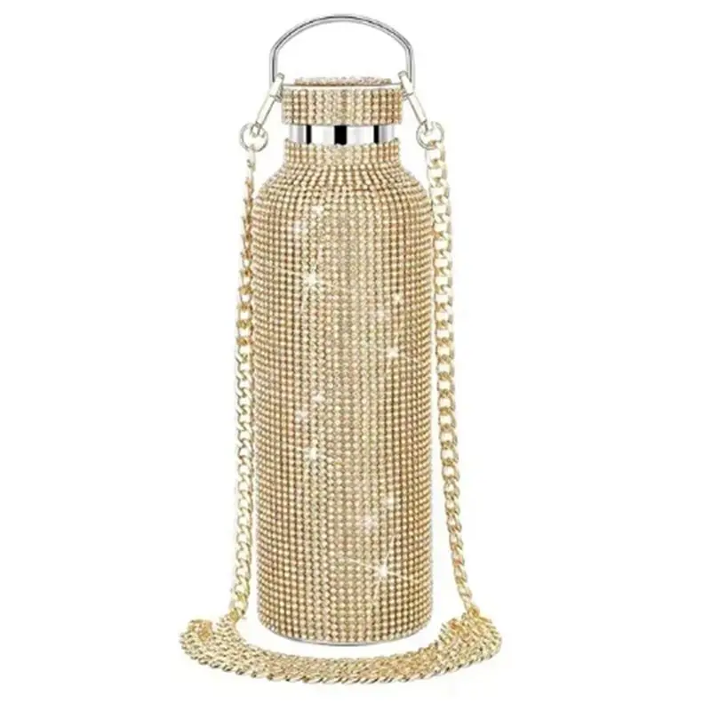 Y50A-Diamond Stainless Steel Water Bottle Portable Glitter Rhinestone Water Bottle Crossbody Bling Thermal Flask 600Ml