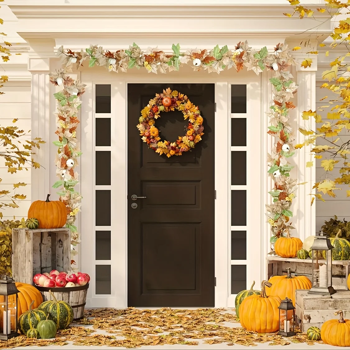 4pcs Fall Maple Leaf Garland Artificial Pumpkin Autumn Garland Decoration for Thanksgiving Dinner Fireplace Door Frame Doorway