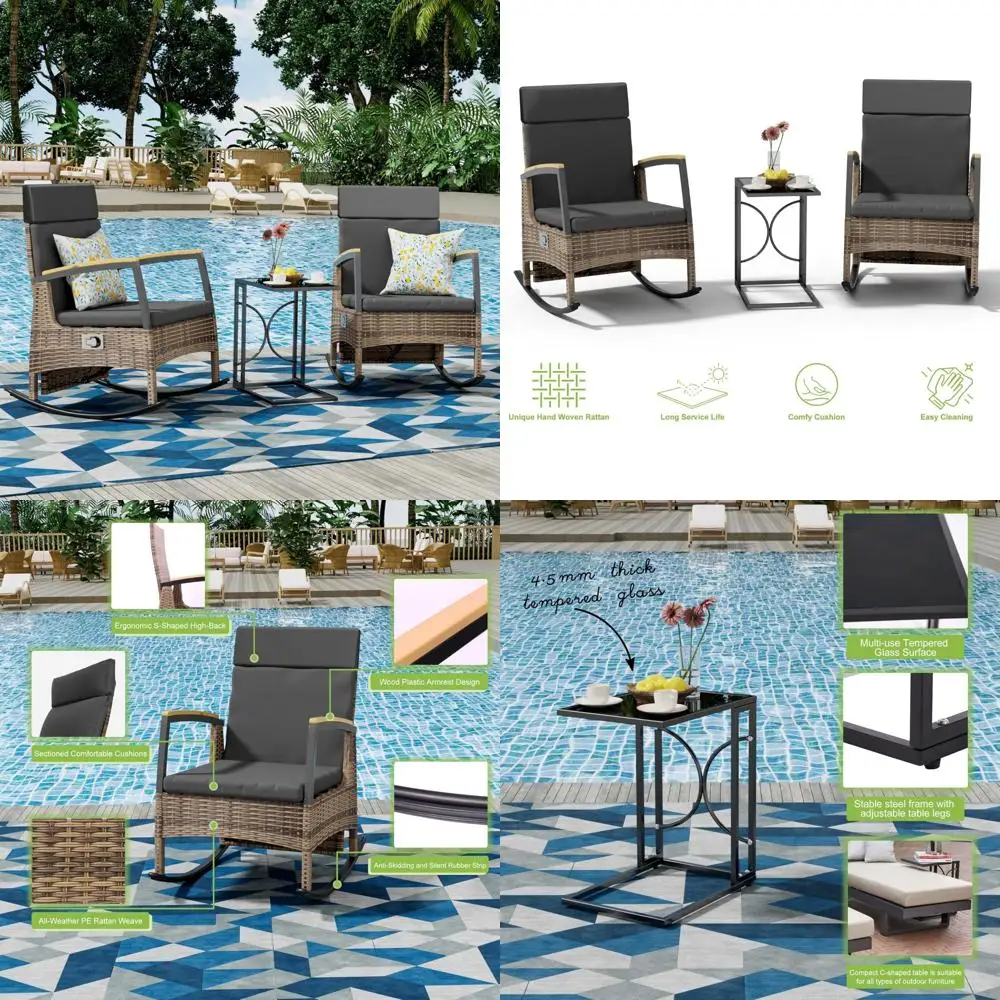 

Outdoor 3-Piece Recliner Chair Set with Wicker Rocking Chairs, Cushions, and Adjustable Backrests, Including C-Shaped Side Table