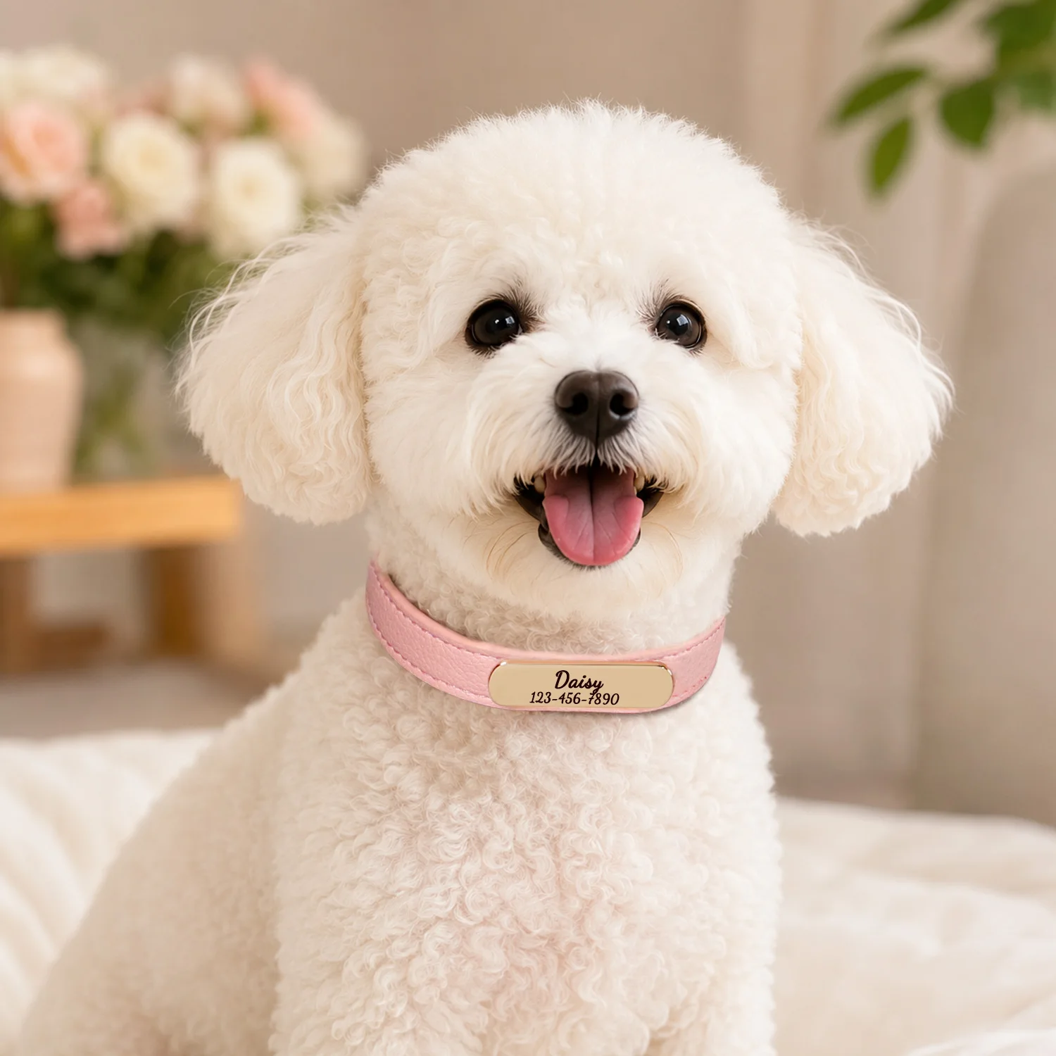 Luxury & Soft Leather Personalized Dog Collar and Pendant Pet Puppy Cat ID Nameplate Engraved for Small Medium Dogs