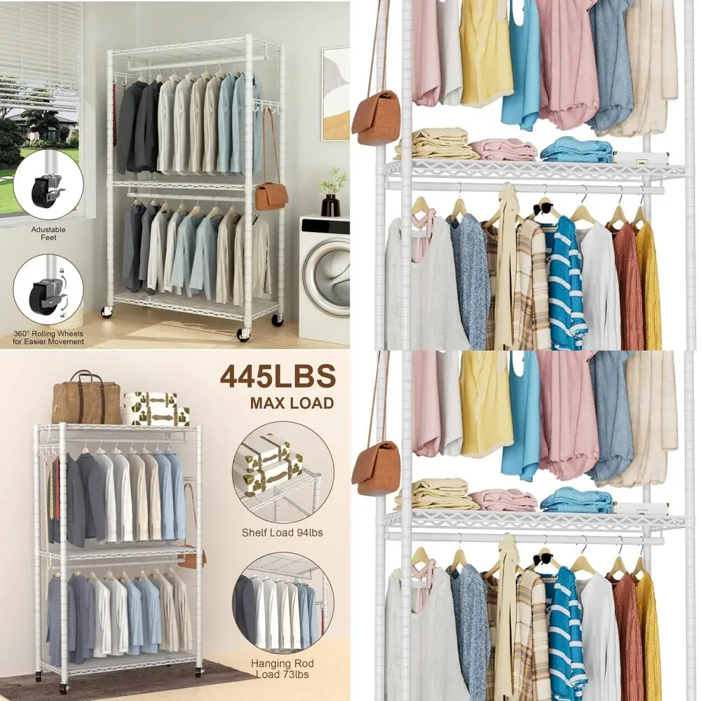 Adjustable 3-Tier Heavy-Duty Rolling Clothes Rack with Double Rods, Side Hooks, Holds 445lbs, White
