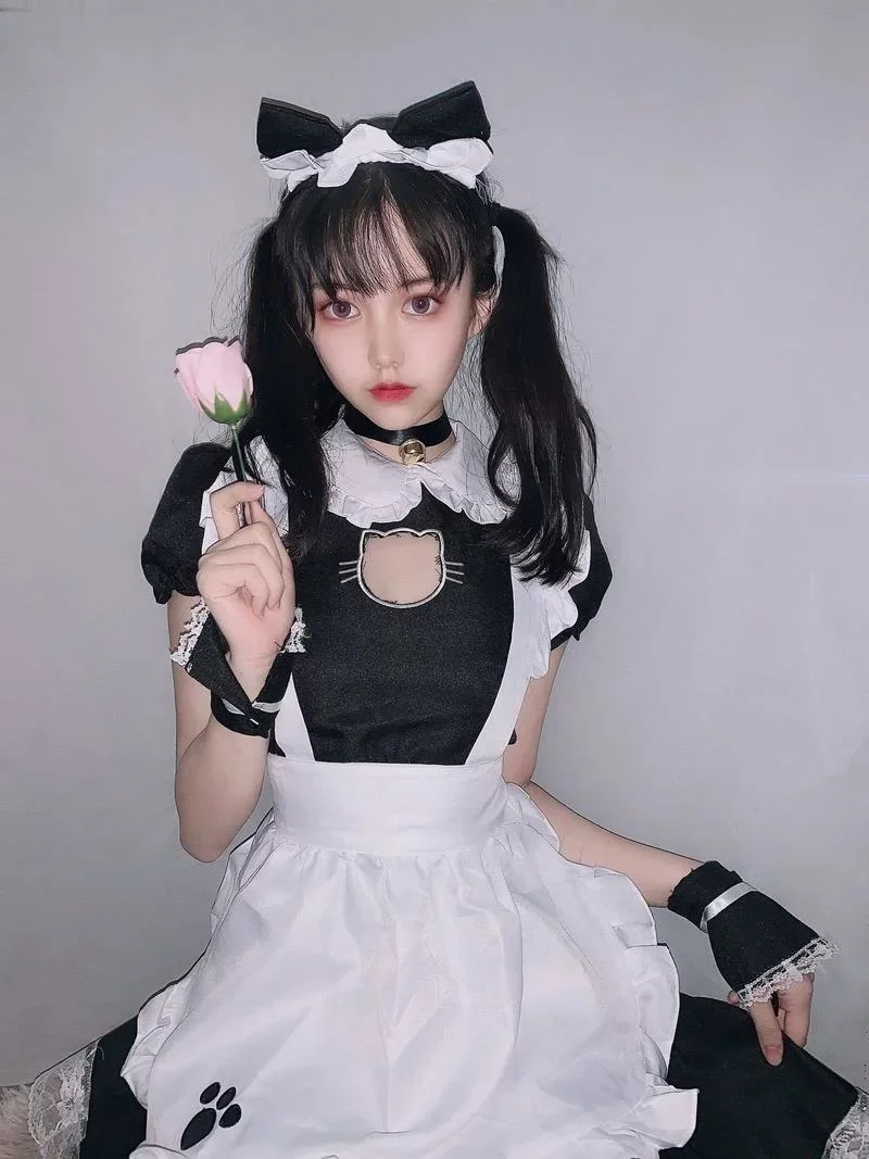 Sexy Maid Lace Mini Dress Cute Lolita Bust Open Halloween Costume Girls Kawaii Anime Outfit Cotton Short Sleeve For Women