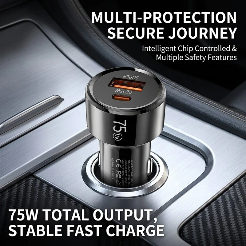 75W Type C Car Charger PD 45W USB A 30W Dual Port Fast Charging Adapter with Intelligent Protection Chip Works with Phone