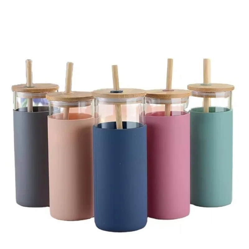 1pc Glass Tumbler With Bamboo Lid And Silicone Sleeve High Borosilicate Glass Water Bottle Water Cups Summer Winter Drinkware