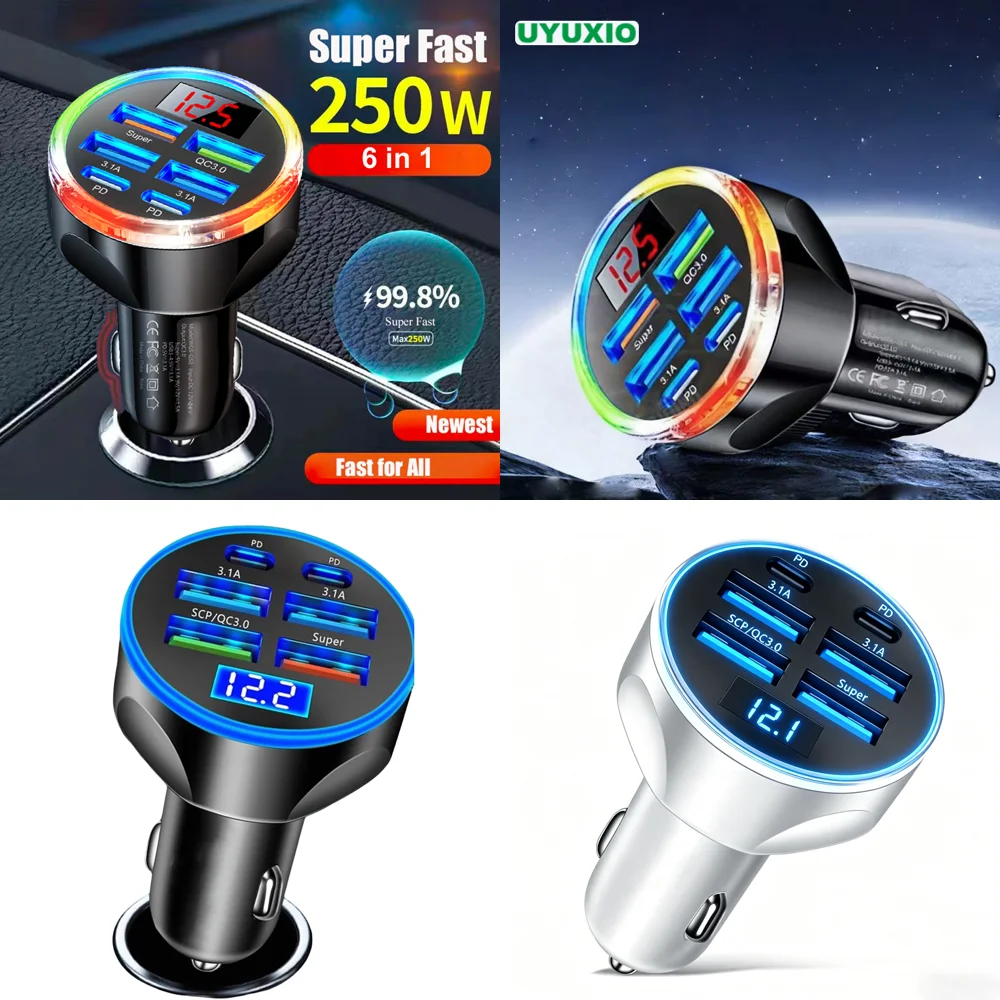 Dropshipping-Produkte USB-C Auto-Ladegerät Multi-Port Superschnell-Ladeadapter 6-in-1 mit Voltmeter für iPhone Samsung Trendprodukt