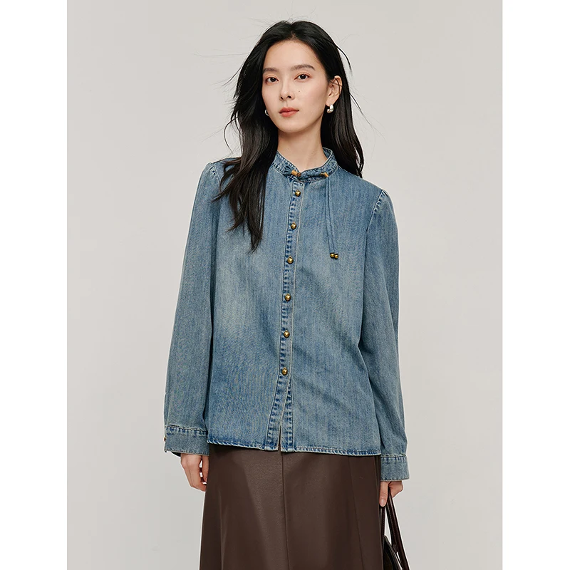 INMAN vintage Denim shirts knot button 2024 Autumn women\'s blouses Neo-Chinese Style long-sleeved tops