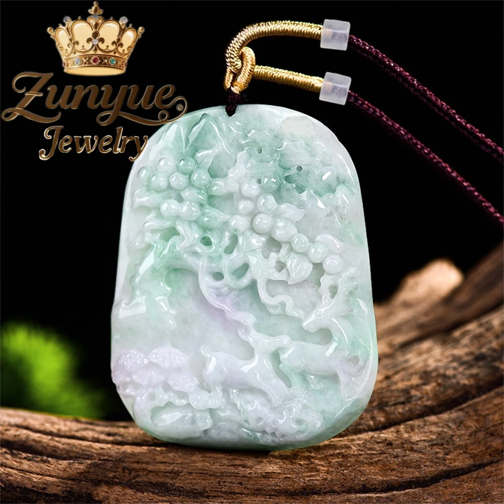 Genuine Natural Burmese A-Grade Ice-Type Jadeite landscape Deer Pendant High-End Fashion Popular Exquisite Quality Jewelry Gift