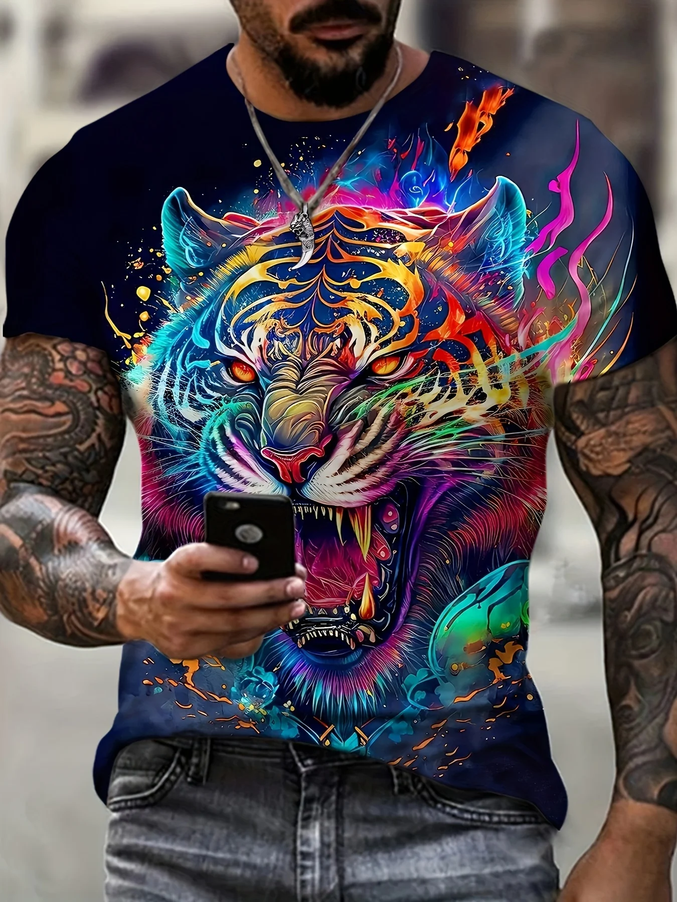 

Plus Size Men's Colorful Tiger Graphic Print T-shirt For Summer, Fashion Casual Short Sleeve Tees For Big & Tall Males fashion