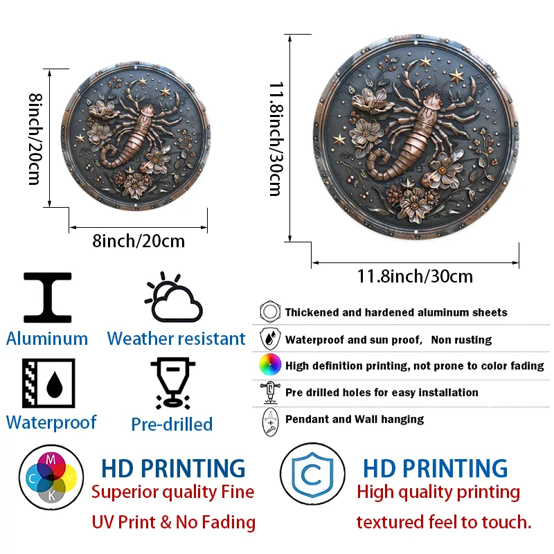 Aluminiowy metalowy znak zodiaku, wieszak na drzwi skorpion, okrągły dekor ścienny z gwiazdami i kwiatami, odporny na warunki atmosferyczne znak