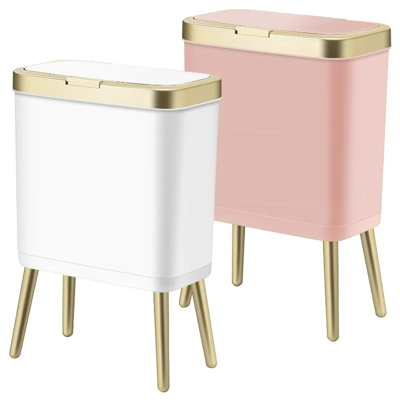 2Pack Office Trash Can with Lid, Bathroom Garbage Bin with Gold Edge, Modern Pink Trash Can for Bedroom,