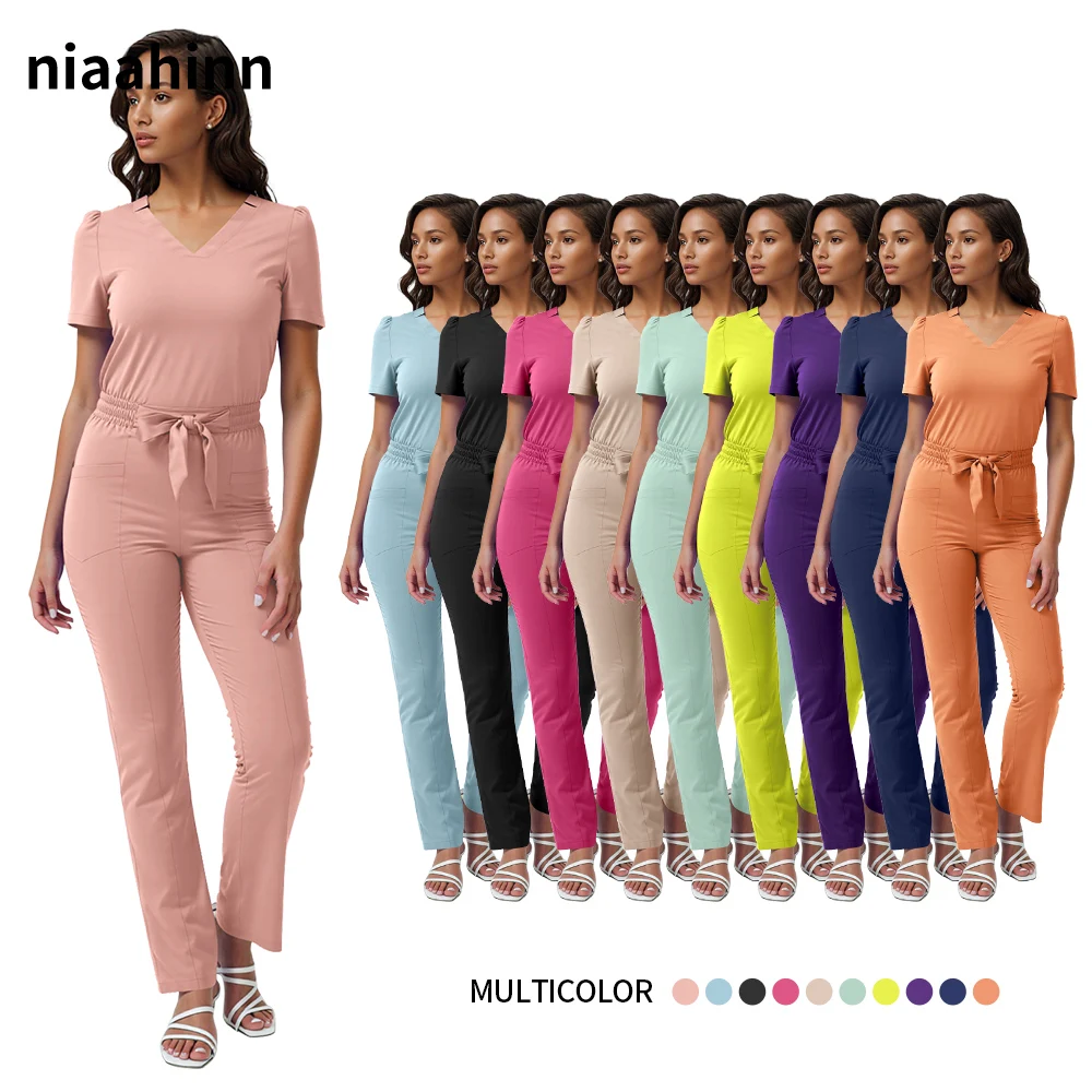 Niaahinn Medical Doctor Costume Women Nurse Surgical Uniforms Scrub Set Beauty Salon Work Clothes Scrubs Tops Pants Nursing Suit