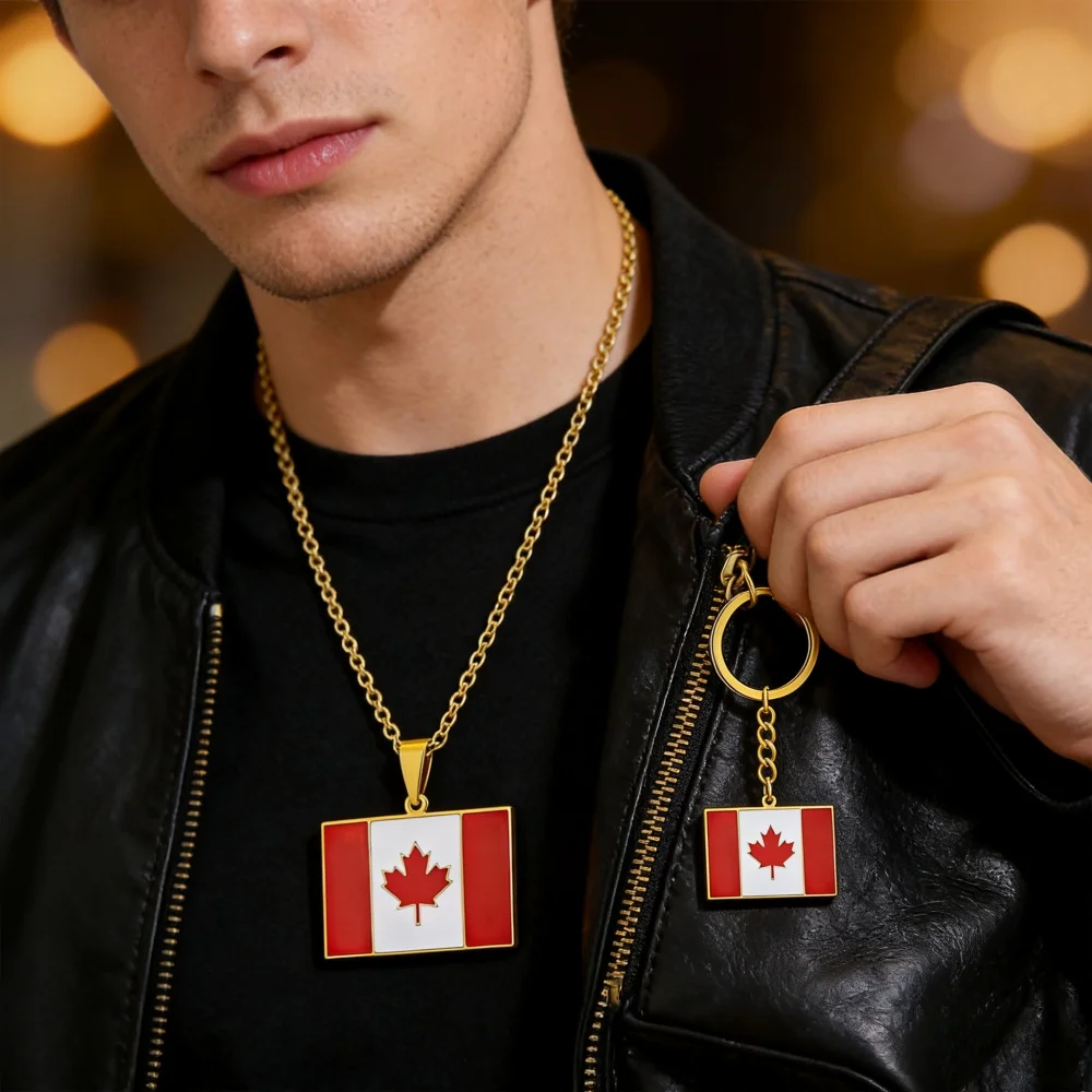 

2Pcs set of stainless steel Canadian flag pendant necklace and keychain couple sweater chain pendant keychain pendant