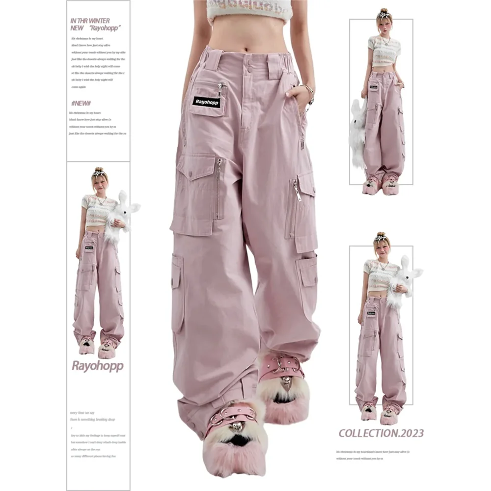 Oversize Y2k Aesthetic Loose Parachute Pants Women\'s Pink Cargo Pants Vintage Harajuku High Waist Baggy Trousers 2000s Clothes