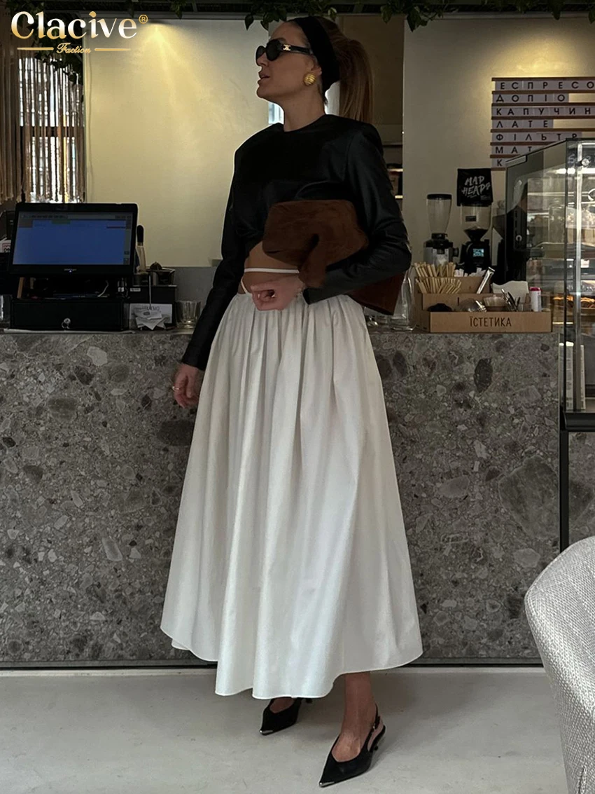 Clacive Casual Loose White Cotton Women's Skirt 2025 Fashion Mid Waist Ankle Length Skirts Elegant Pleated Skirt Female Cltohing