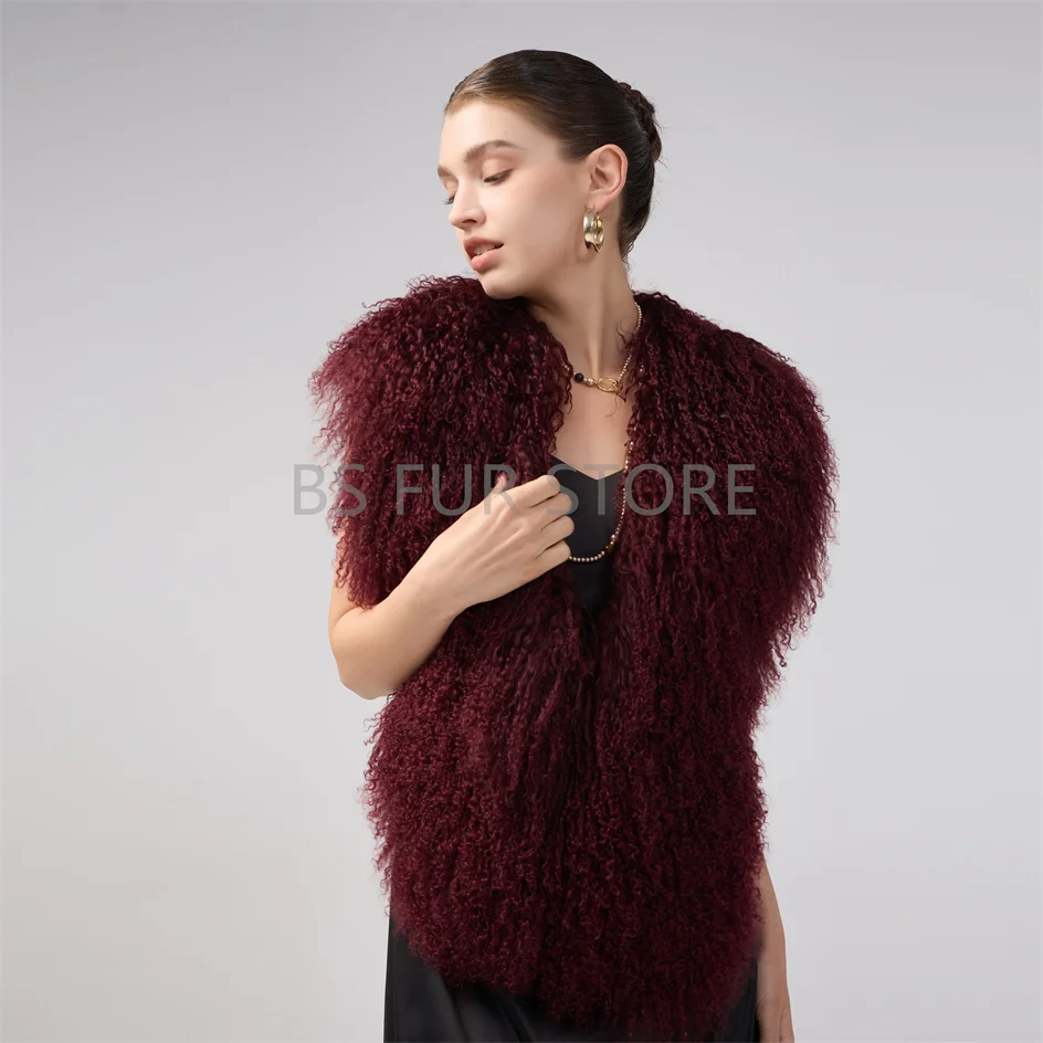 Women's Real Mongolian Sheep Fur Halter Fashion Streetwear Spring Fur Vest Ladies Sheepskin Fur Tops
