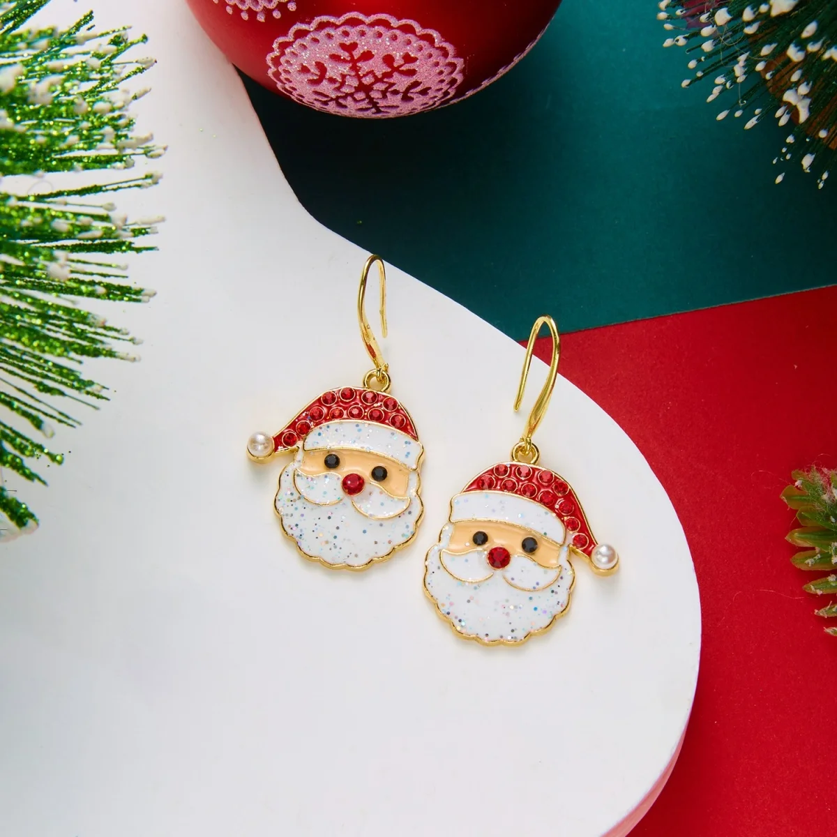 Niedliche, zwinkernde Weihnachtsmann-Ohrringe mit Bart für Damen, Cartoon-Lebkuchen-Weihnachtsbaum-Schleifen-Glühbirnen-Ohrringe, Schmuck – Detail 24