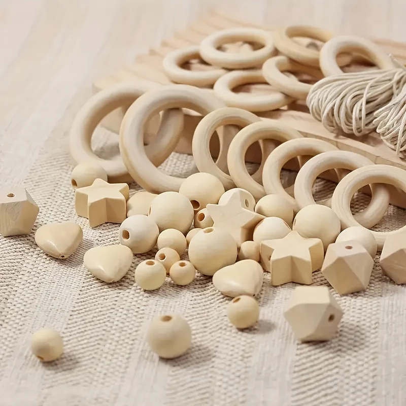 Set of 204 Wooden Beads and Wooden Rings Natural Wooden Rings for DIY Jewelry Pendants Hanging Decoration crafts, DIY jewelry m