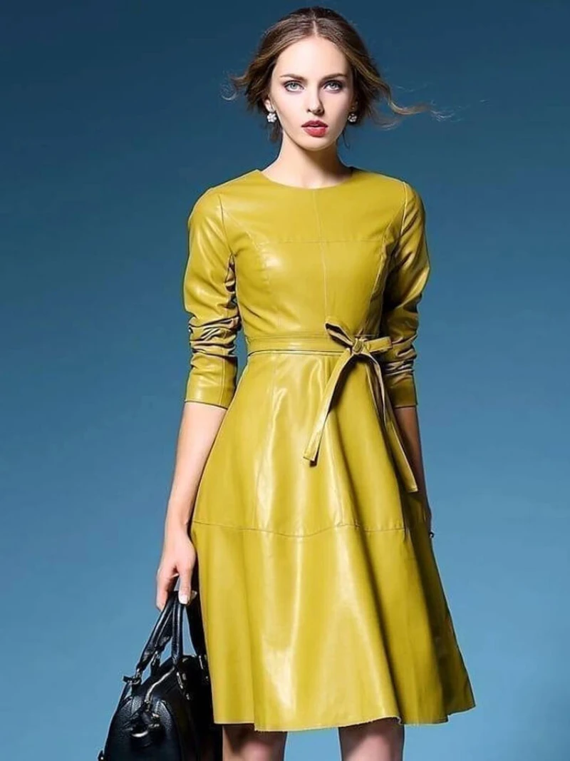 Leather Dress Women 100% Handmade Green Genuine Lambskin Leather Dress Bodycon Dress