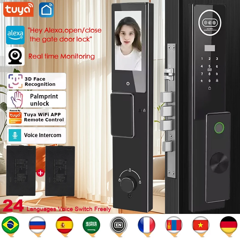 

Tuya APP Smart Life APP Control Voice Intercom Smart Lock 3D Face Recognition Fingerprint Password Smart Door Lock With Camera