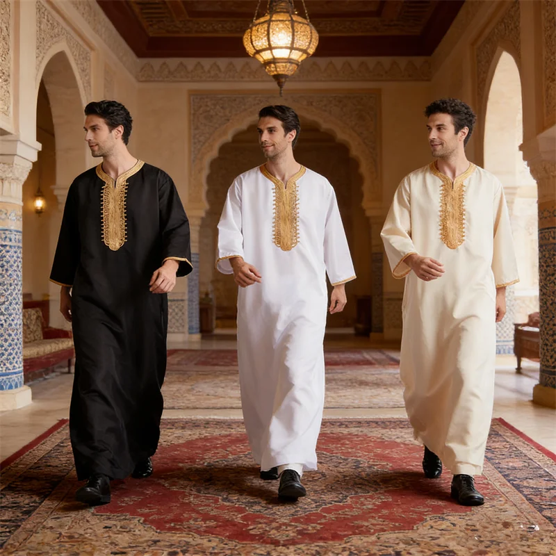 

Мужская мусульманская джубба/тоба: однотонная, дышащая, с вышивкой, длинный халат, исламский арабский кафтан, абайя, Ближний Восток, Дубай, Пакистан