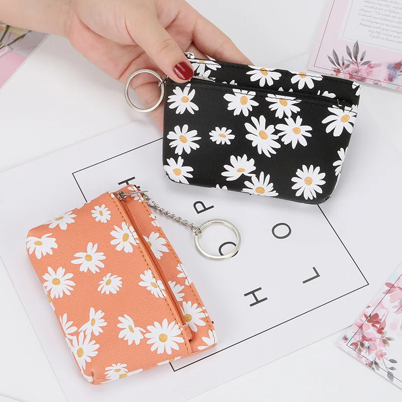 Daisy Print Pu Lederen Munt Portemonnee Met Sleutelhanger Vrouwen Portemonnee Portemonnee Rits Portemonnee Voor Munten Mini Card holder Coin Pouch