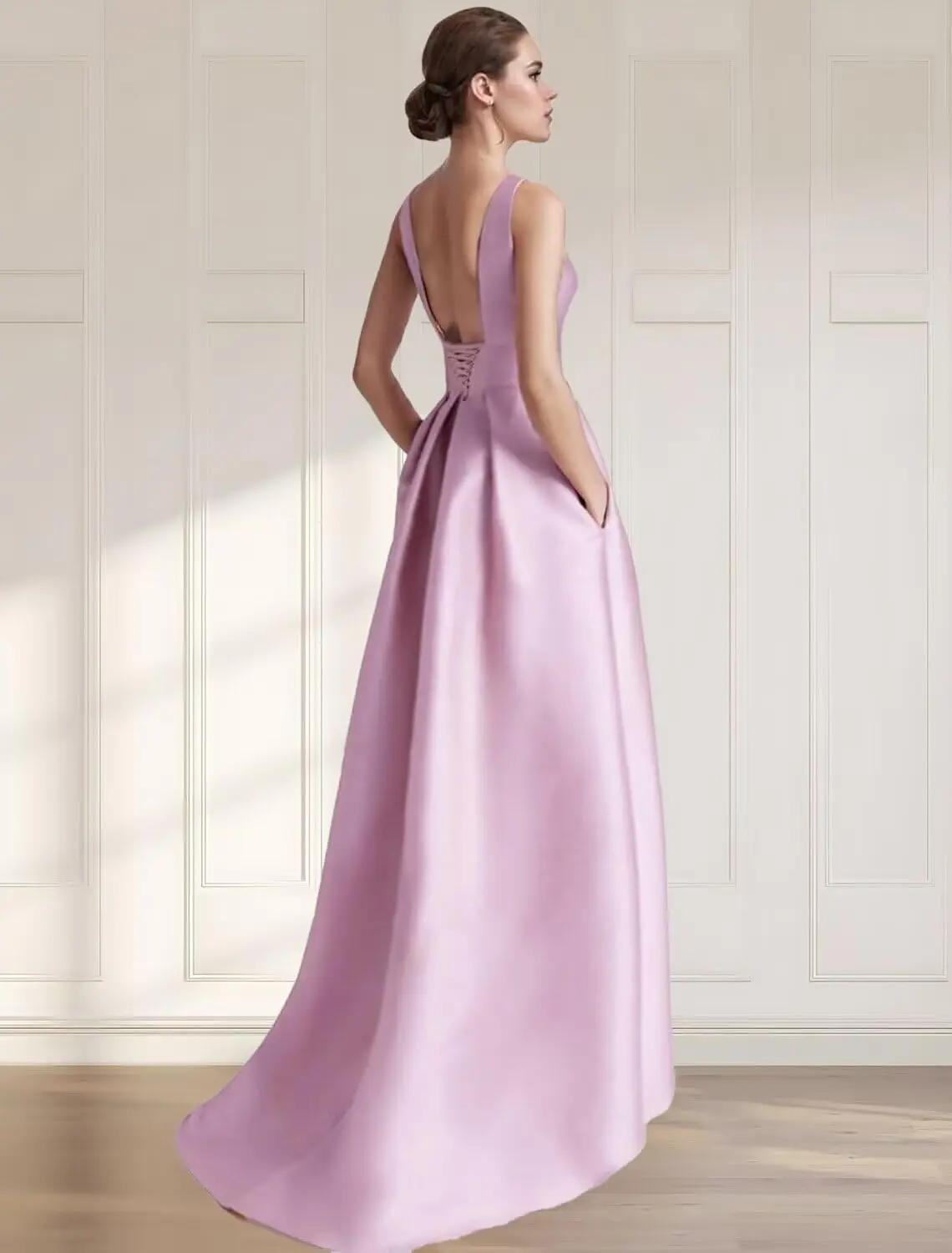 Aラインハイロー3Dフローラルサテンプロムドレスクルーネック花嫁の母ドレス女性用ノースリーブフォーマルガウンポケット付き