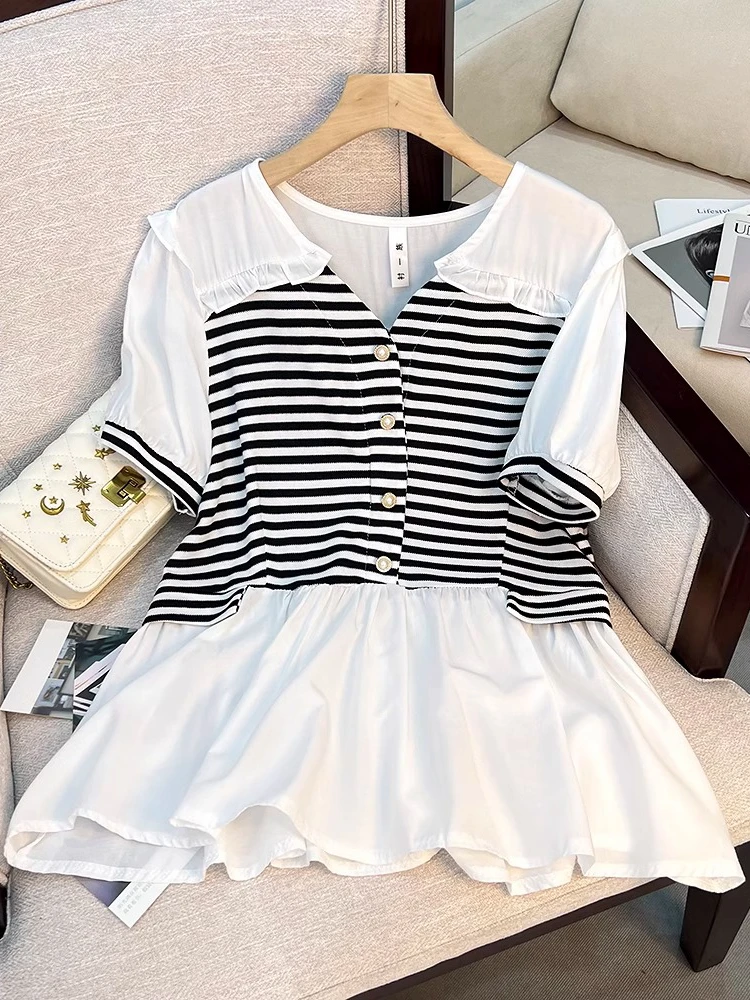 2023 Summer Snow Loose Mid length Striped Shirt Elastic Waist Fake Two Piece Top