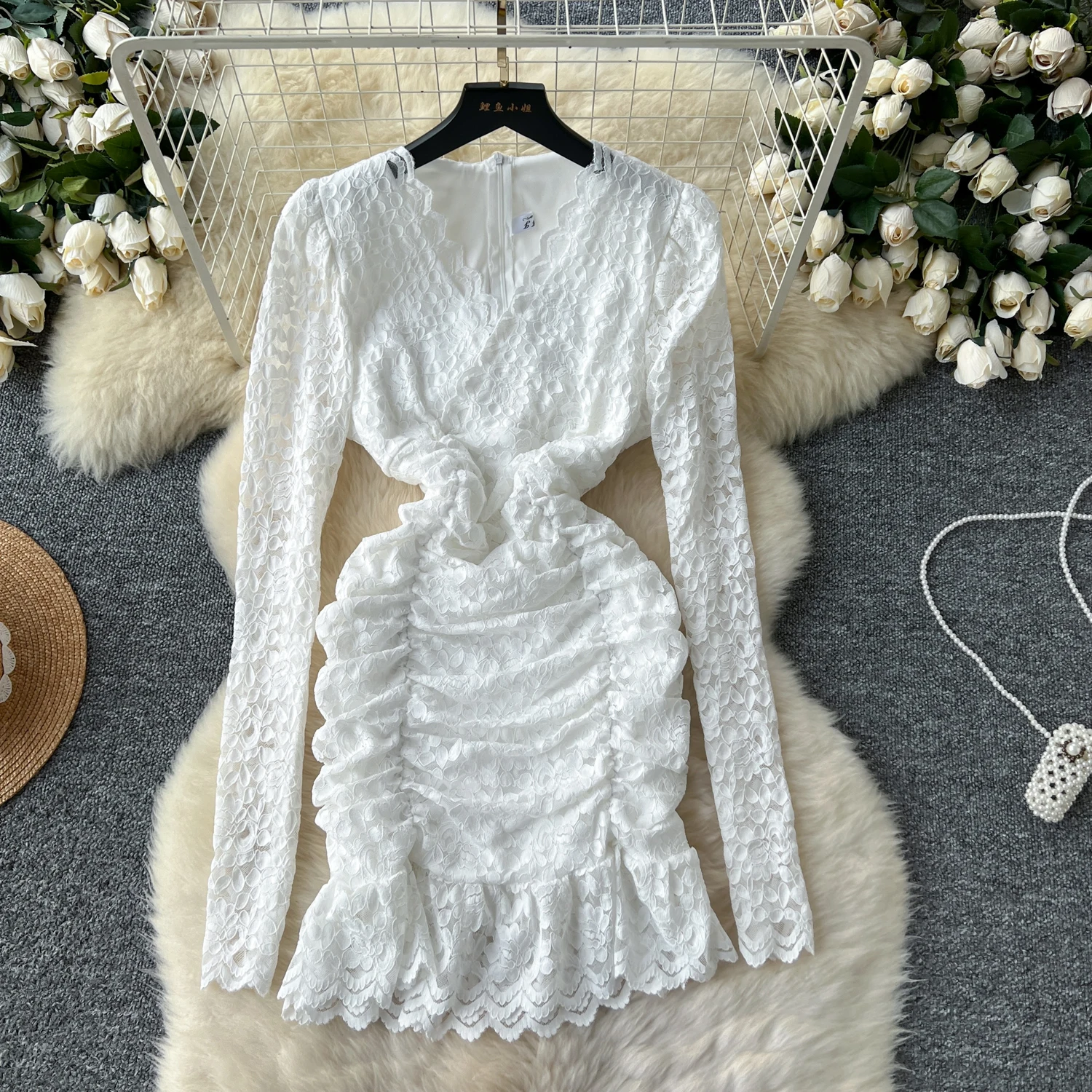 Elegant V-neck Vintage Long Sleeve Chic Lace Slim Pleated Short Pencil Dress French Fashion Evening High Street Autumn Clothing