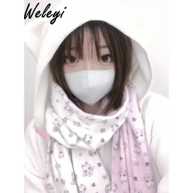 Japanese Kawaii Sweet Girl Scarf 2024 Winter New Medical Subculture Original Cute Water Color Warm Plush Scarfs Long Wrap