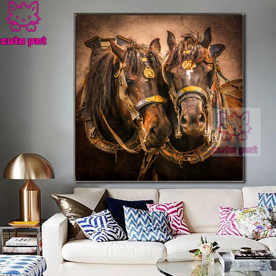 animal Diamond Painting Two horses Mosaic Full Square Round Drill DIY 5D Diamond Embroidery iving room bedroom Paintings Art