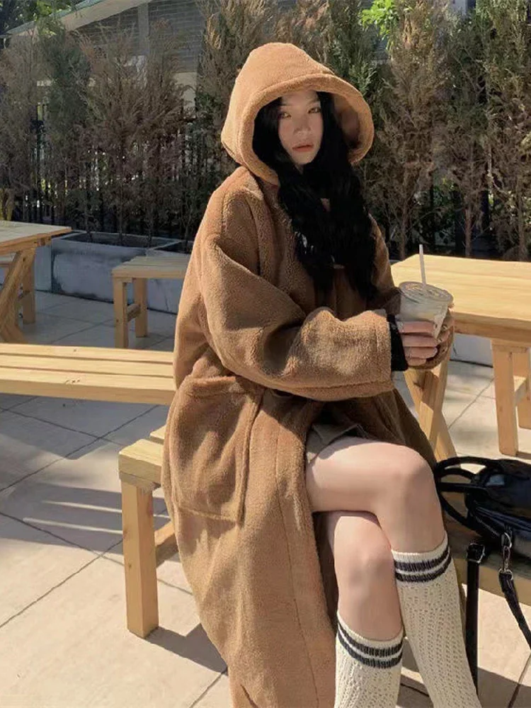 Korean Version Lamb Wool Woman Fleece Hoodies Jacket Cowhorn Button Loose Coat Winter Warm Female Mid Length Thick Overcoat