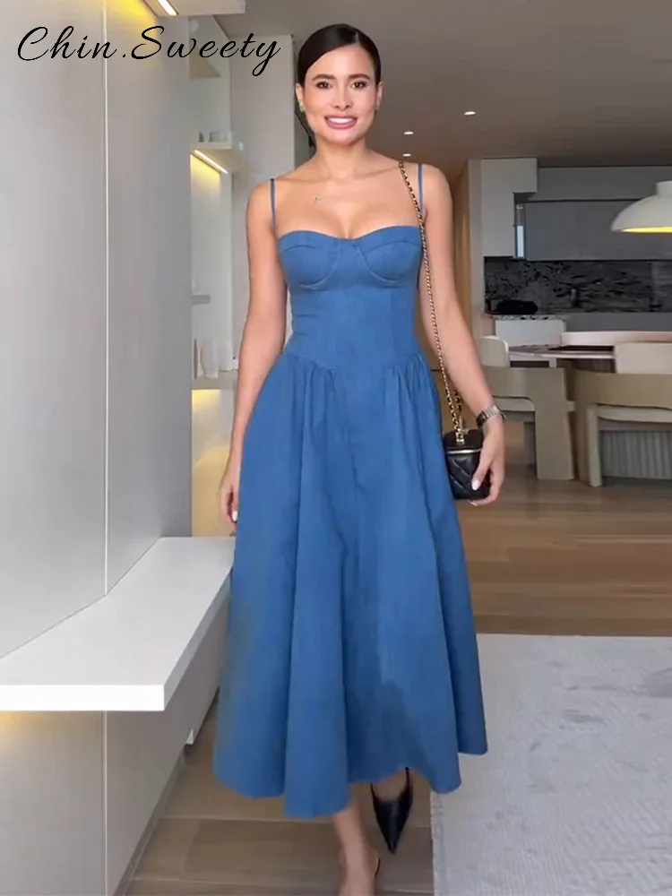 

Стильное джинсовое длинное платье без рукавов на тонких бретельках для женщин, летние новые модные уличные платья трапециевидной формы, мягкие удобные платья